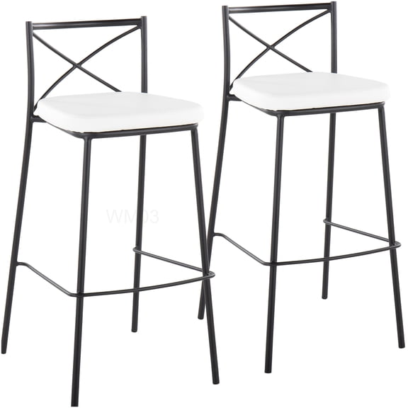 Set of 2 White Faux Leather Bar Stools with X-Back, 30" Counter Height Stools for Kitchen Island