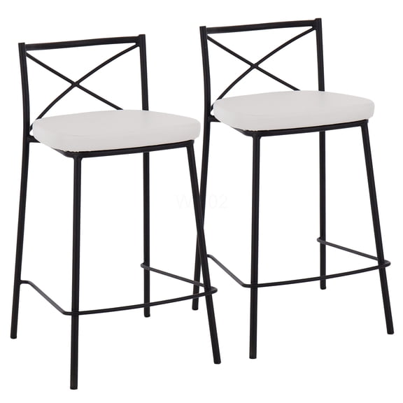 Set of 2 White Faux Leather Counter Stools with X-Back Design, 25 Inch Fixed-Height Modern Bar Stools for Kitchen Island Dining