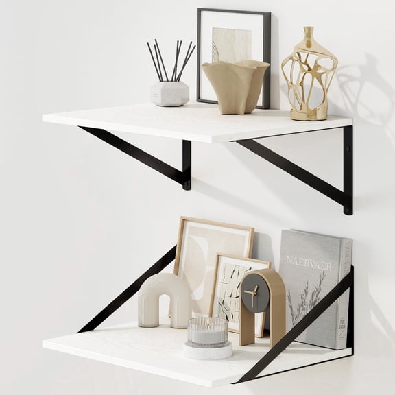 Set of 2 White Floating Shelves, 16x12 Inch Large Wall Shelf with Sturdy Metal Brackets for Living Room, Bedroom, Bathroom & Kitchen
