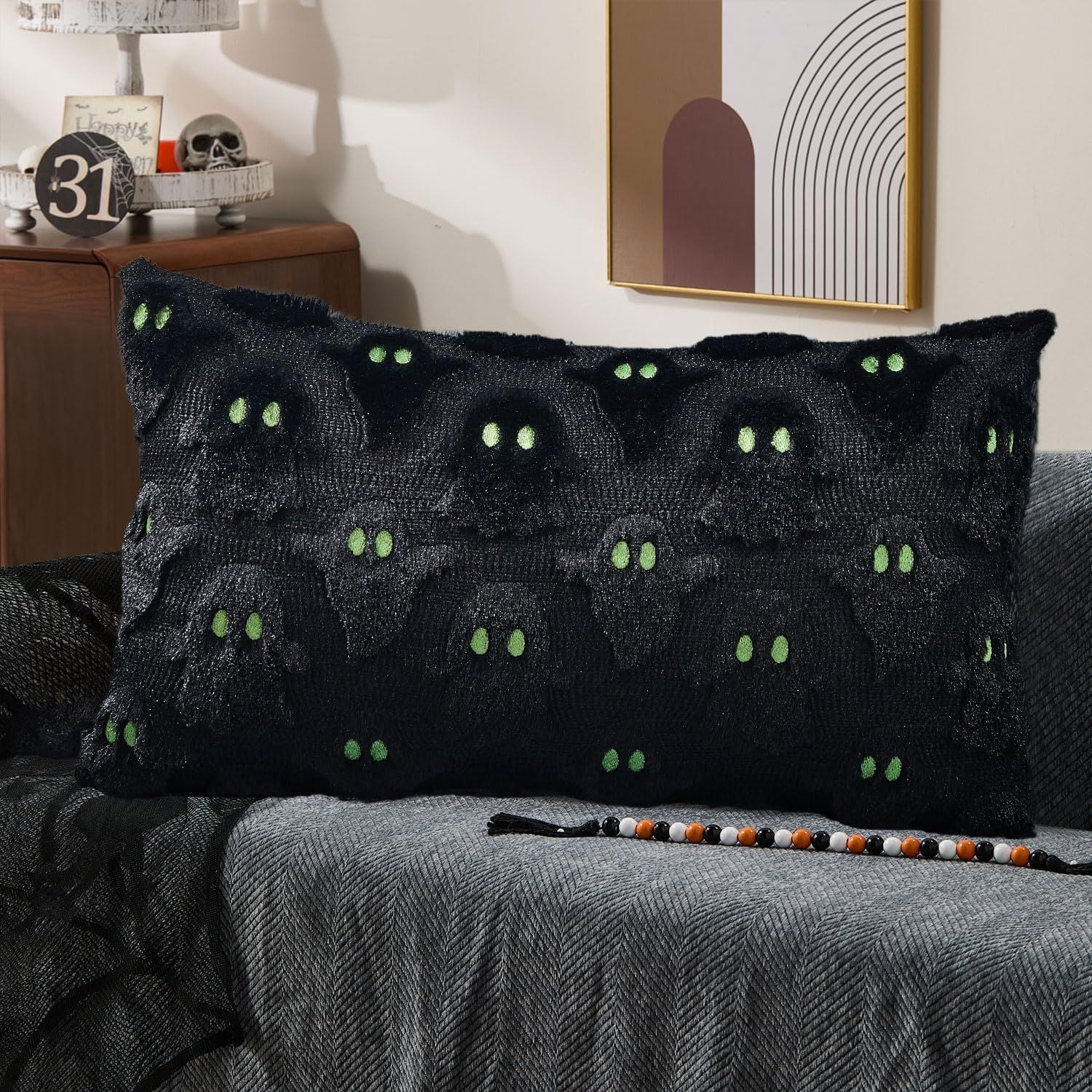 Set of 2 White Ghost Pillow Covers 12x20 Inch Happy Halloween Throw Pillow