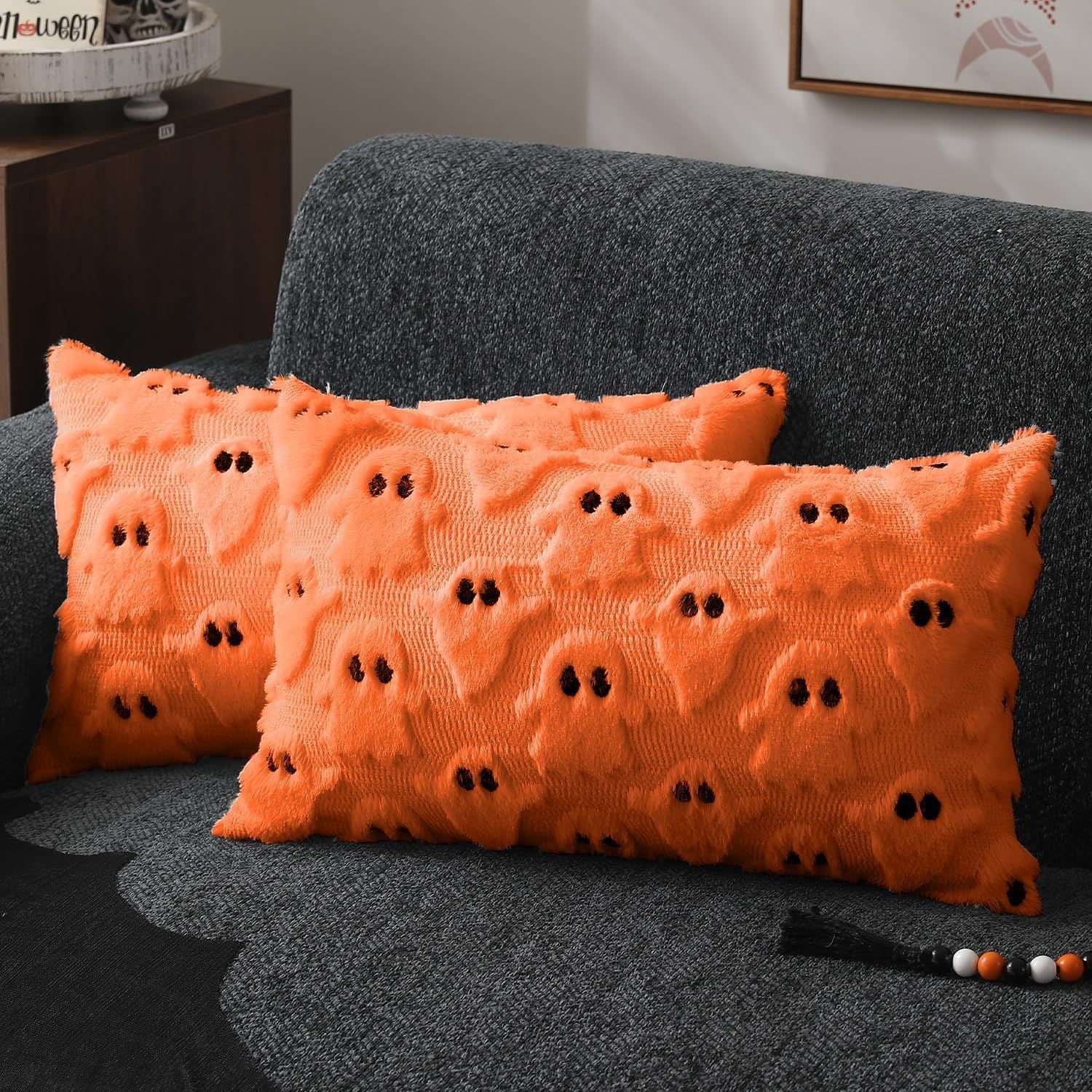 Set of 2 White Ghost Pillow Covers 12x20 Inch Happy Halloween Throw Pillow
