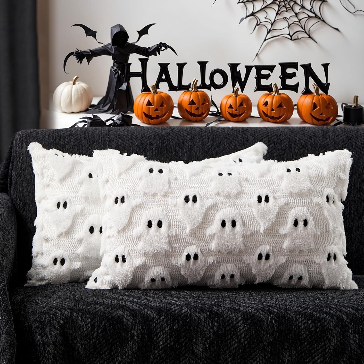 Set of 2 White Ghost Pillow Covers 12x20 Inch Happy Halloween Throw Pillow