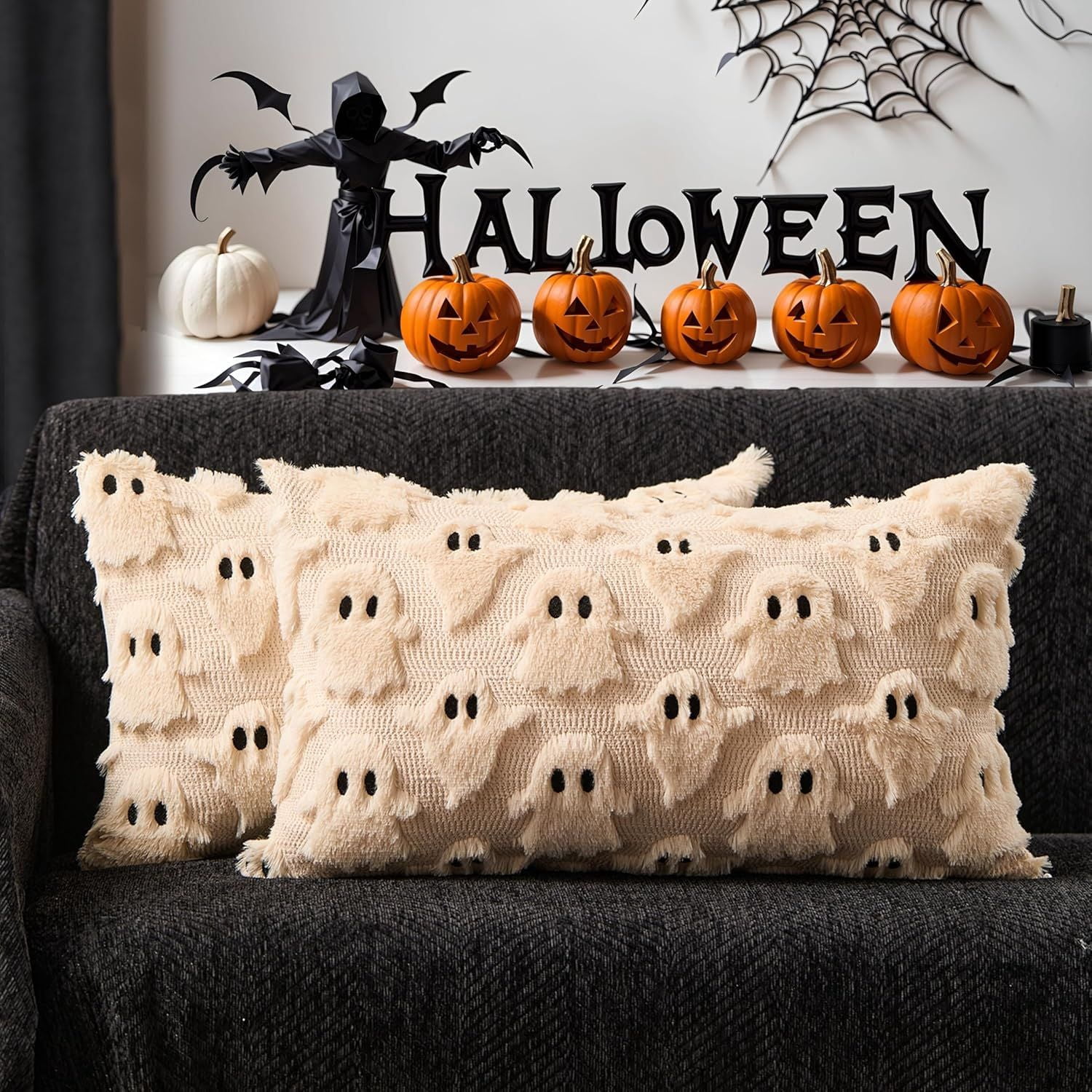 Set of 2 White Ghost Pillow Covers 12x20 Inch Happy Halloween Throw Pillow