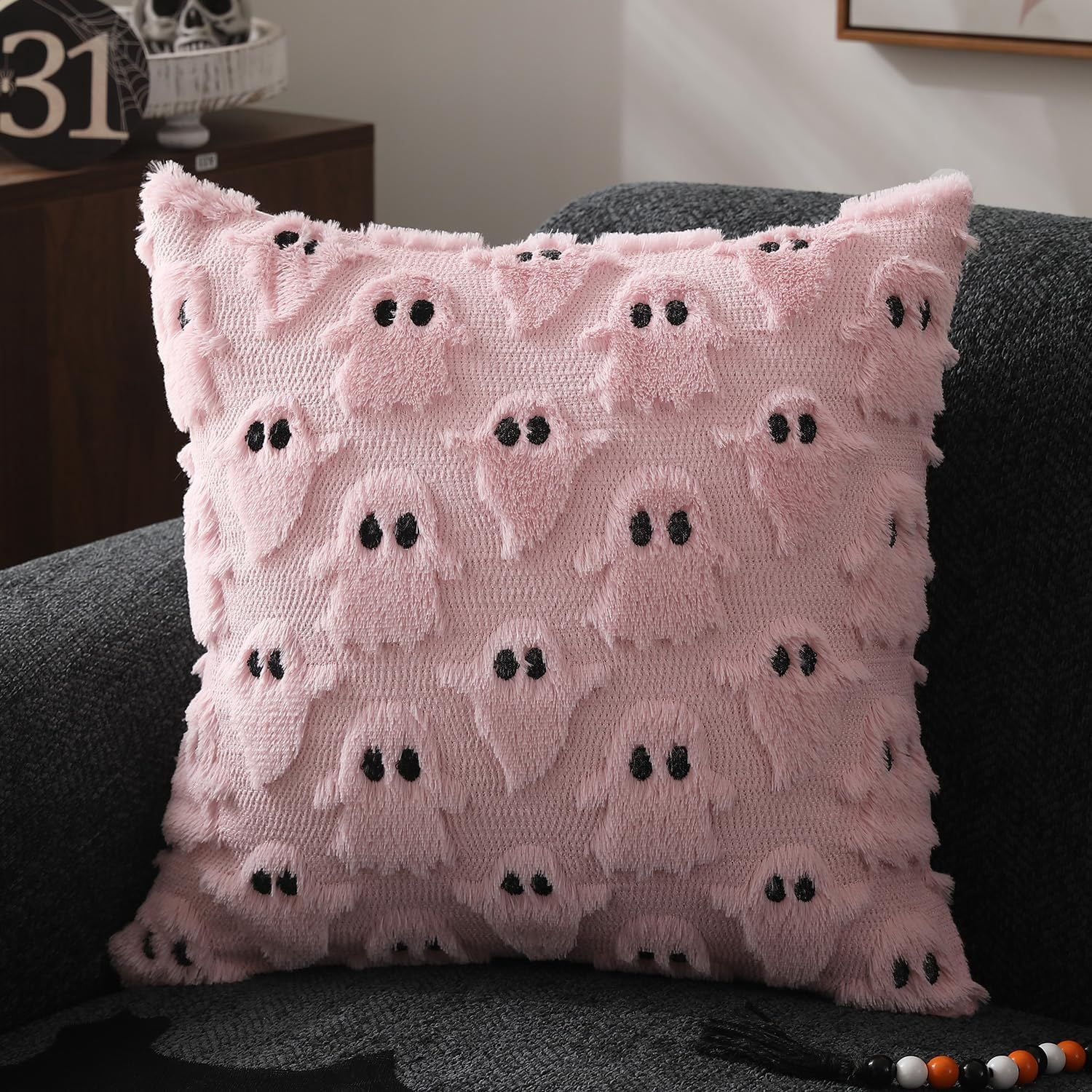 Set of 2 White Ghost Pillow Covers 16x16 Inch Happy Halloween Throw Pillow