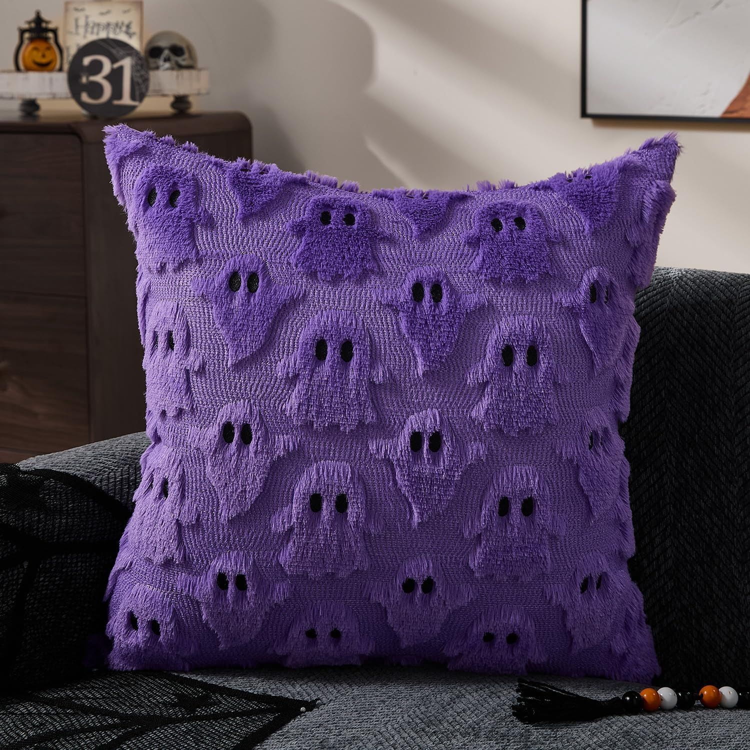 Set of 2 White Ghost Pillow Covers 16x16 Inch Happy Halloween Throw Pillow