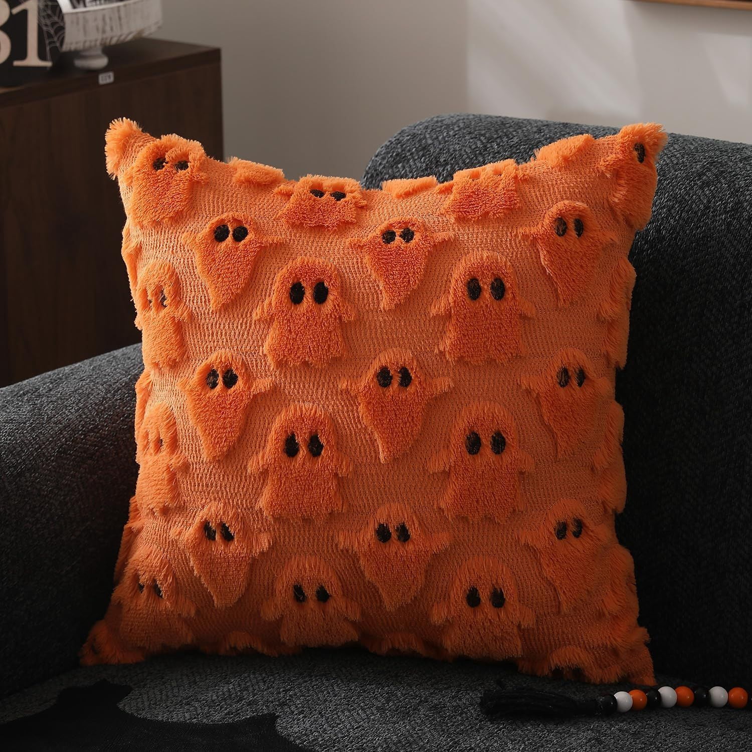 Set of 2 White Ghost Pillow Covers 16x16 Inch Happy Halloween Throw Pillow