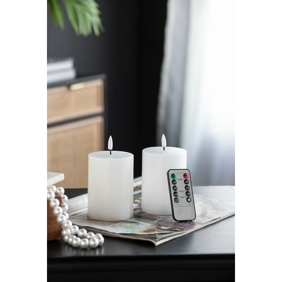 Set of 2 White LED Candles with Wick and Remote Control Timer, 3X4"