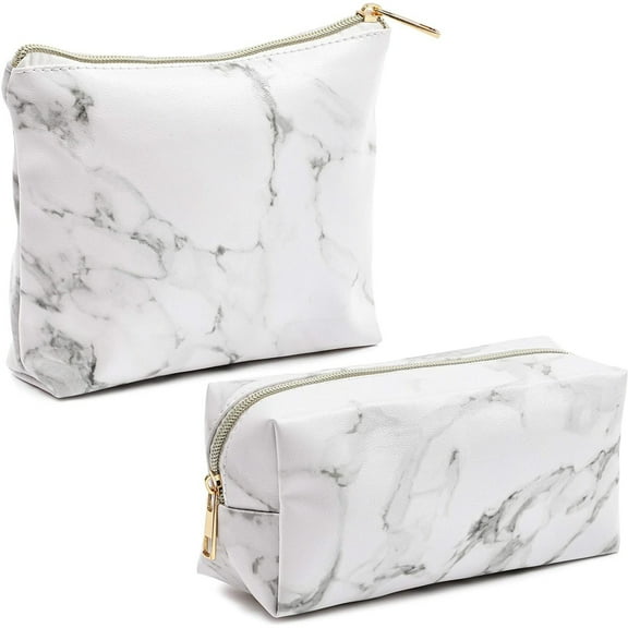 Set of 2 White Marble Makeup Organizer Bag, Cosmetic Storage Pouch, Travel Toiletry Case