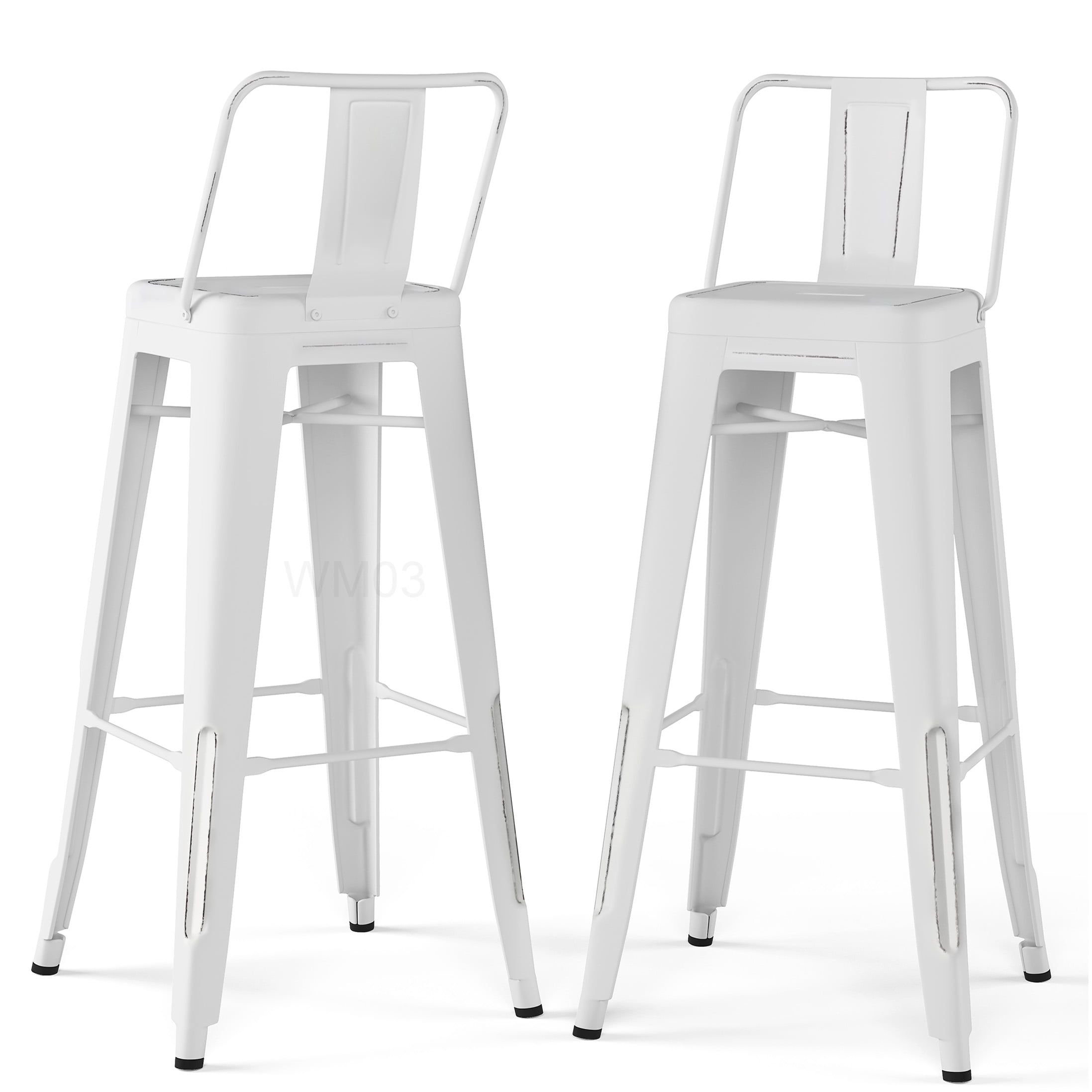 Set of 2 White Metal Kitchen Bar Stools with Backrest, Industrial Counter Height Stools