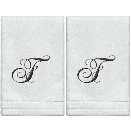 Set of 2 White Monogrammed Towel - Black Embroidered - Initial F