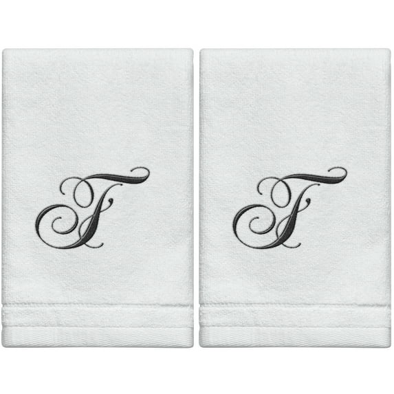 Set of 2 White Monogrammed Towel - Black Embroidered - Initial F