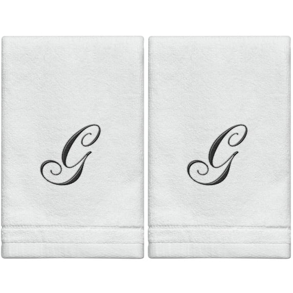 Set of 2 White Monogrammed Towel - Black Embroidered - Initial G