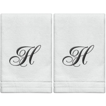 Set of 2 White Monogrammed Towel - Black Embroidered - Initial H