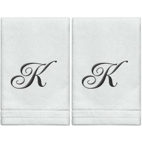 Set of 2 White Monogrammed Towel - Black Embroidered - Initial K