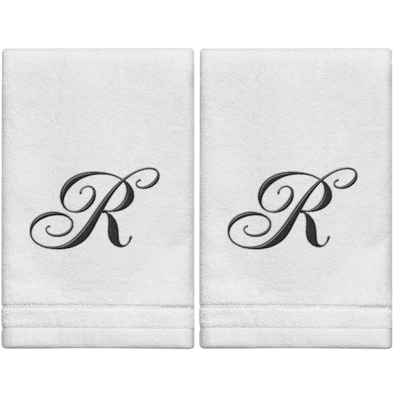 Set of 2 White Monogrammed Towel - Black Embroidered - Initial R