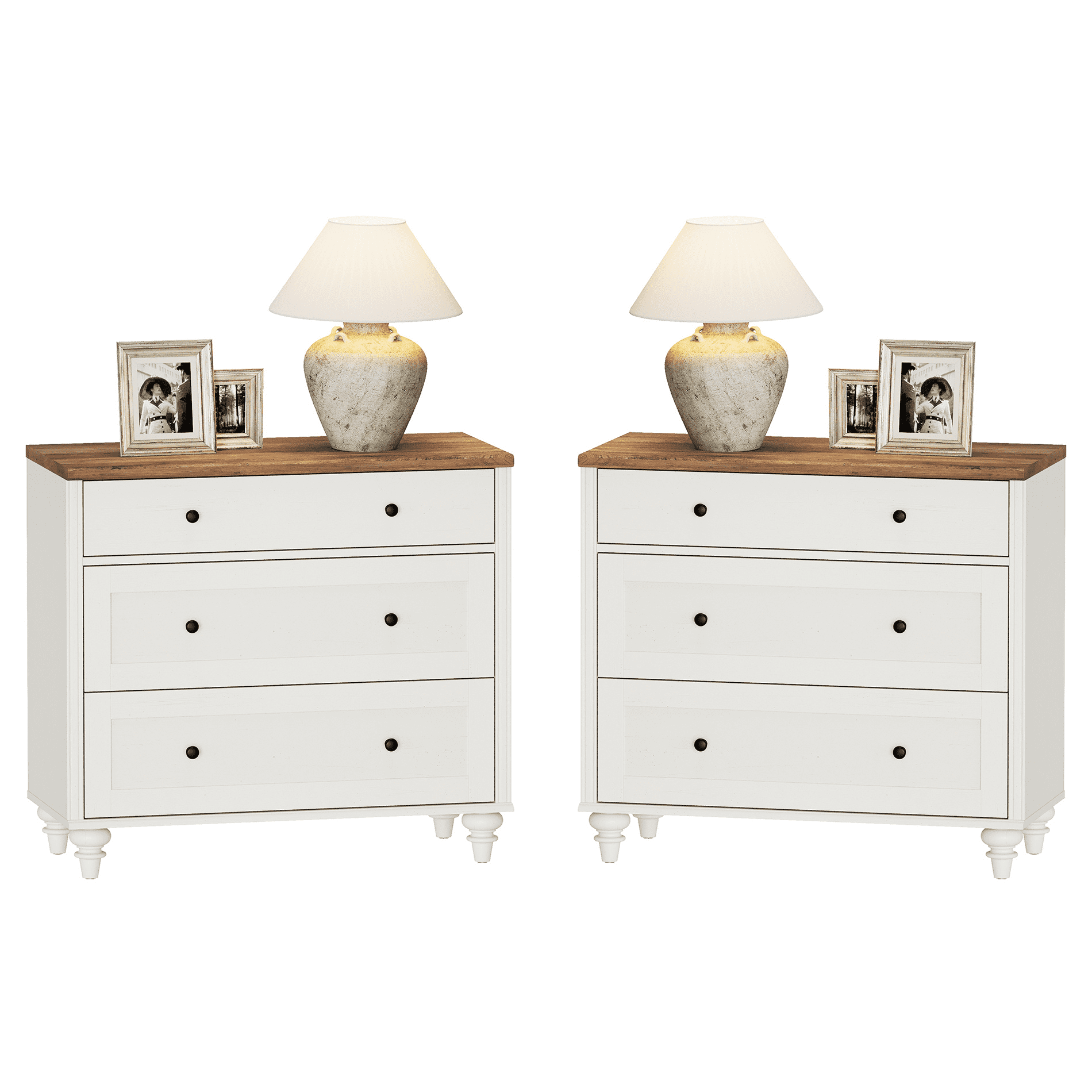 WAMPAT Set of 2 White Nightstand for Bedroom , Large Wood Bedside Table Night Stand with 3 Drawers, Wide Sofa Side End Table 3 Drawers Chest of Dresser for Living Room