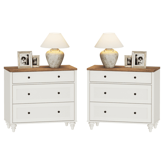 WAMPAT Set of 2 White Nightstand for Bedroom , Large Wood Bedside Table Night Stand with 3 Drawers, Wide Sofa Side End Table 3 Drawers Chest of Dresser for Living Room