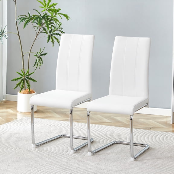 Set of 2 White PU Upholstered Dining Chairs, High-Back, Chrome-Plated Iron Tube Legs