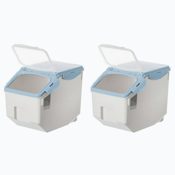 Set of 2 White Plastic Storage Food Holder Containers, with a Measuring Cup and Wheels,Large