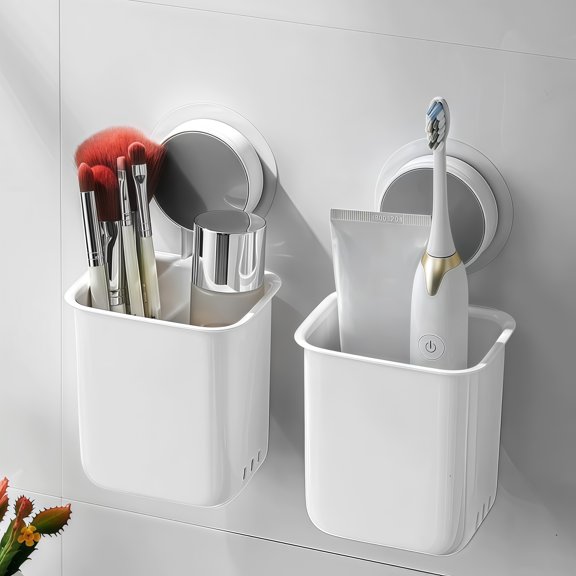 Set of 2 White Suction Wall-Mounted Storage Boxes for Organizing Space