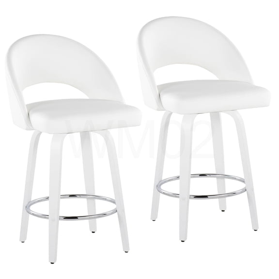 Set of 2 White Swivel Counter Stools, PU Leather Seat with Wood Legs and Chrome Footrest