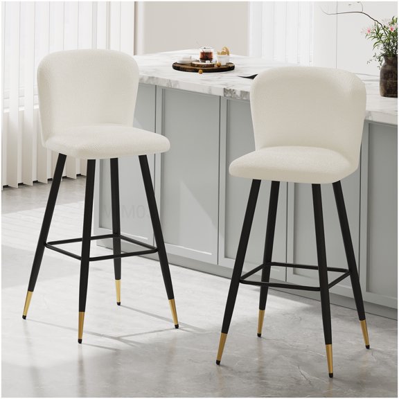 Set of 2 White Upholstered Bar Stools with Gold Accent Legs, Modern Kitchen Counter Stools for Dining Room and Home Bar