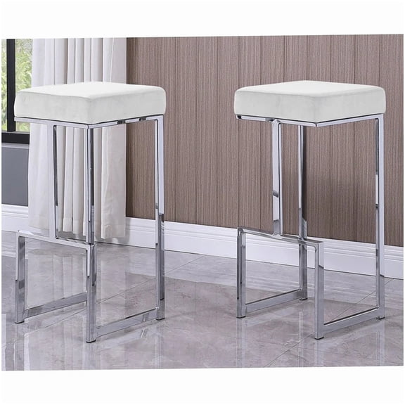 Set of 2 White Velvet Counter Stools, Chrome Base Backless Kitchen Island Stools, Modern Home Bar Seating