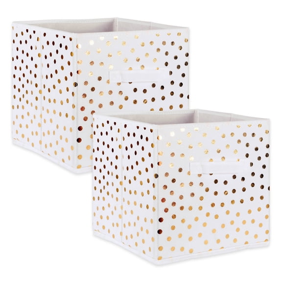 DII Non Woven SET/2 Collapsible Poly Storage Cube White/Gold Dots, 11x11x11"H
