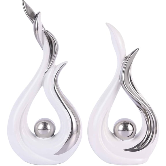 Set of 2 White and Silver Abstract Ceramic Sculptures, Modern Home Decor Accents for Table or Shelf
