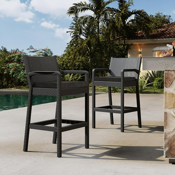 Set of 2 Wicker Bar Stools, Indoor Outdoor Bar Height Chairs w/Soft Cushion, Footrests & Armrests for Backyard, Patio, Pool, Garden, Deck