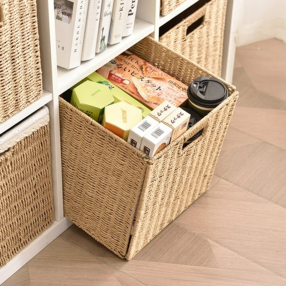 8.6 inch Set of 2 Wicker Baskets, Woven Storage Baskets for Shelves with Handles, Foldable Cube Storage Basket Bins