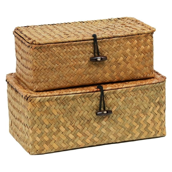 Set of 2 Wicker Basket with Lid, Seagrass Woven Basket for Storage, Decorative Storage Baskets Bins for Organizing Home