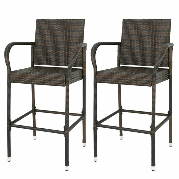 Set of 2 Wicker Rattan Bar Stool Set Outdoor Indoor Patio Stools with Armrest
