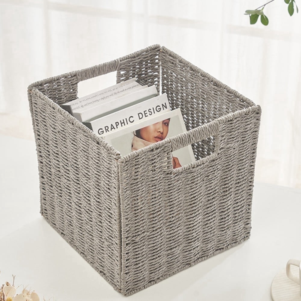Set of 2 Wicker Storage Basket, Hand-Woven Storage Baskets for Shelves with Handles Foldable Cube Storage Baskets Bins, 8.9 inch