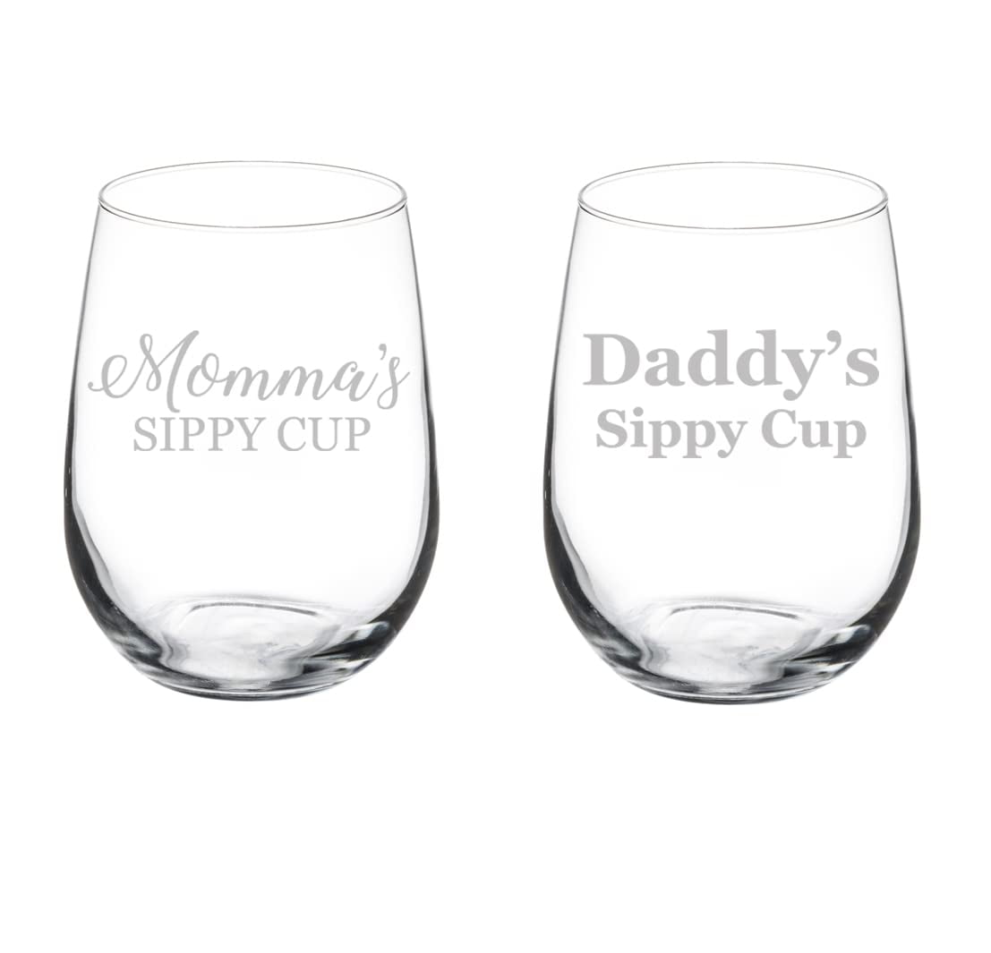 Set of 2 Wine Glass Goblet Gift Momma And Daddy's Sippy Cup Funny For New  Parents For Couple Mom And Dad (17 oz Stemless)