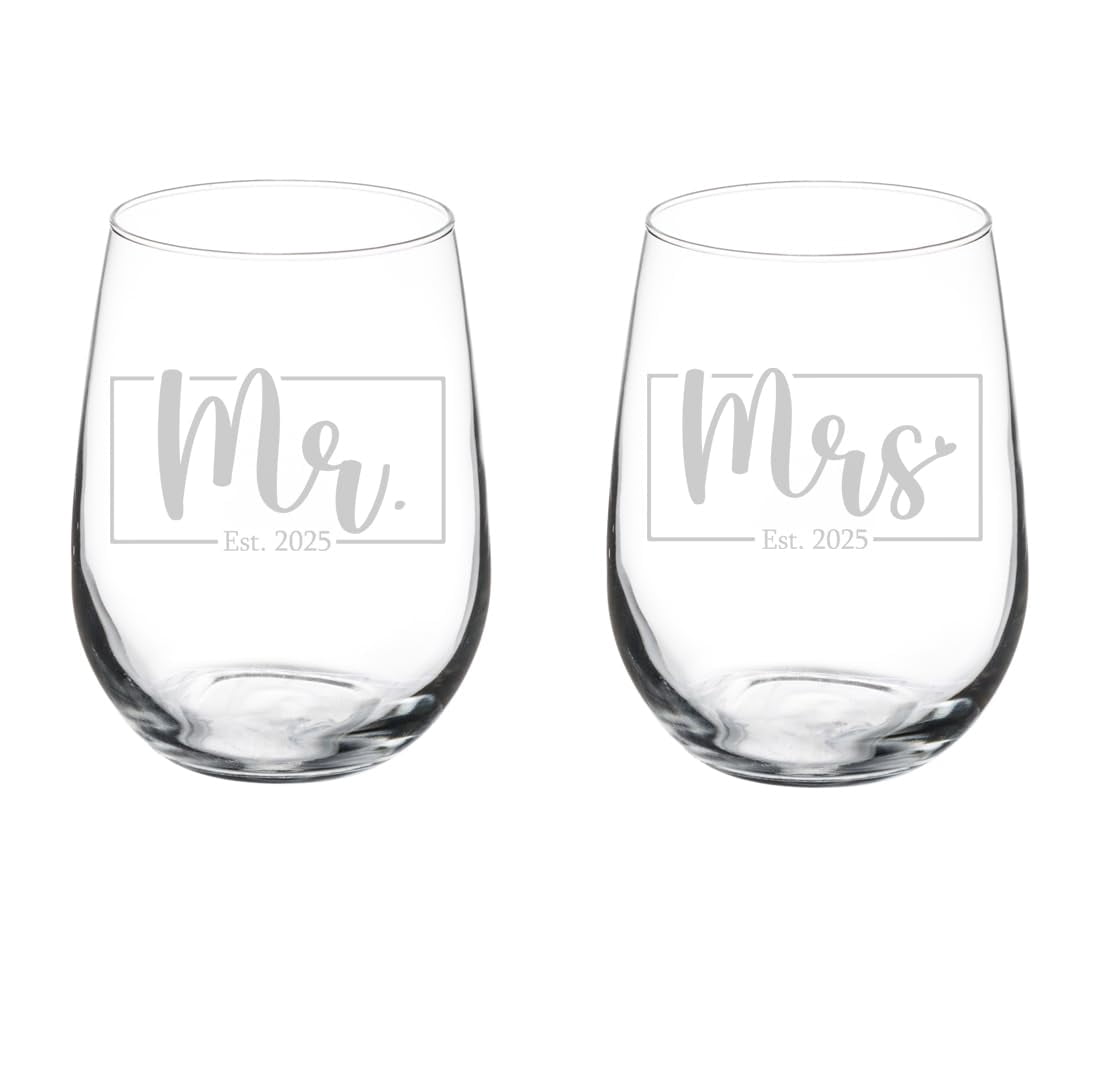 Set of 2 Wine Glass Goblet Gift Mr Mrs Framed Est 2025 Wedding Bride Groom Husband Wife Wedding Couple Engagement (17 oz Stemless)