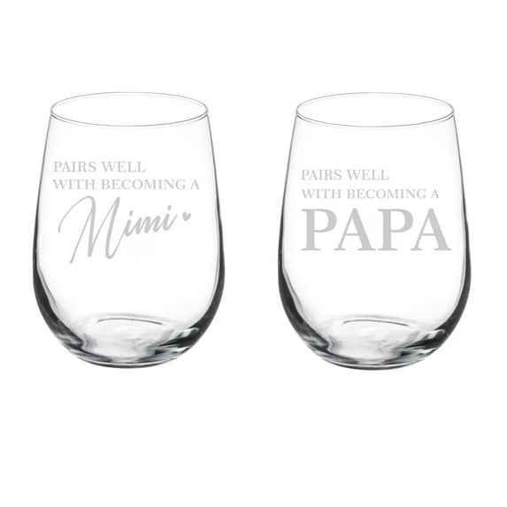 Set of 2 Wine Glass Goblet Gift Pairs Well With Becoming A Mimi & Papa Baby Pregancy Announcement (17 oz Stemless)