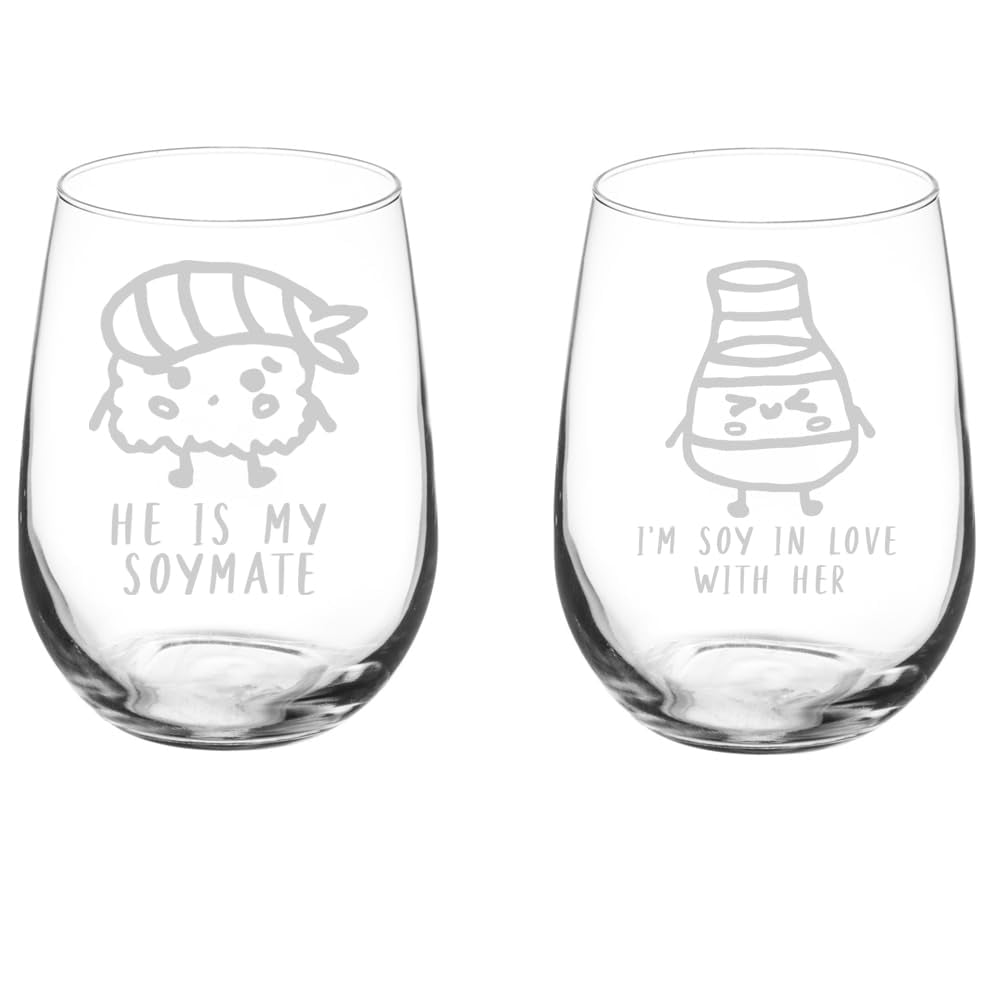 Set of 2 Wine Glass Goblet Gift Sushi Soymates Couples Wedding Anniversary Engagement (17 oz Stemless)