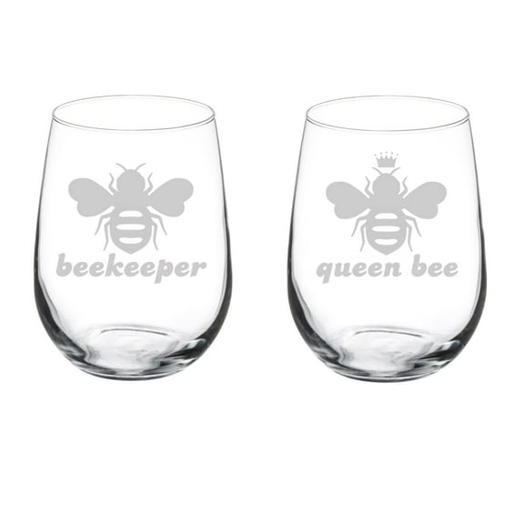 Set of 2 Wine Glass Goblet Queen Bee Beekeeper Funny Couple His and Her Gift Engagement Anniversary Wedding Bride Groom (17 oz Stemless)