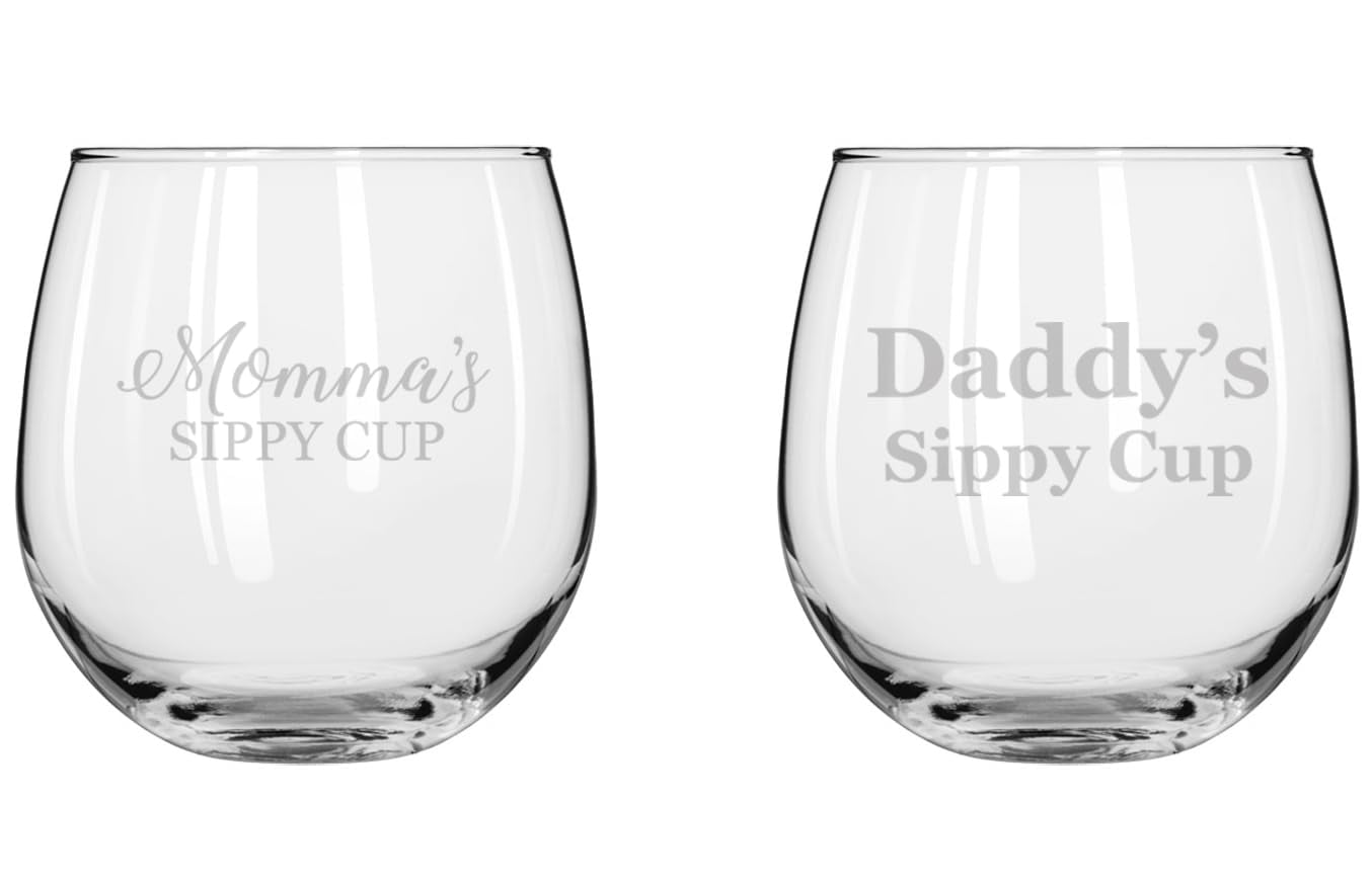 Set of 2 Wine Glass for Red or White Wine Gift Momma And Daddy's Sippy Cup Funny For New Parents Couple For Mom And Dad (16 oz Stemless)