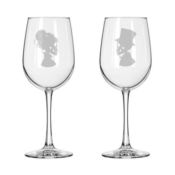 Set of 2 Wine Glass for Red or White Wine Gift Skull Skeleton Couple His and Her Bride and Groom Wedding Engagement Anniversary (16 oz Tall Stemmed)