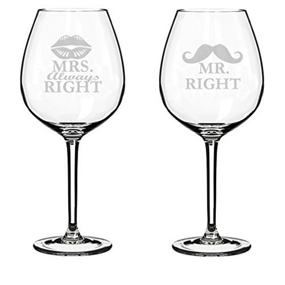 Set of 2 Wine Glasses Funny Wedding Married Couple Mr. Right Mrs. Always Right (20 oz Jumbo)