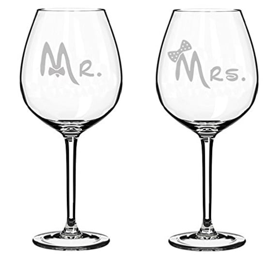 Set of 2 Wine Glasses Wedding Married Couple Mr. Mrs. Bows (20 oz Jumbo)