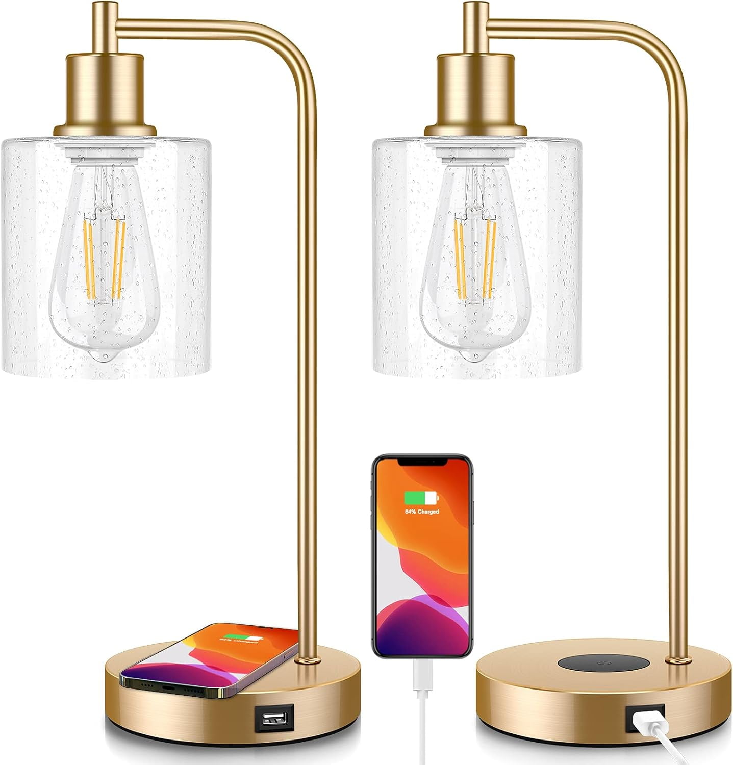 Set of 2 Wireless Charging Industrial Table Lamp, Gold - Walmart.com