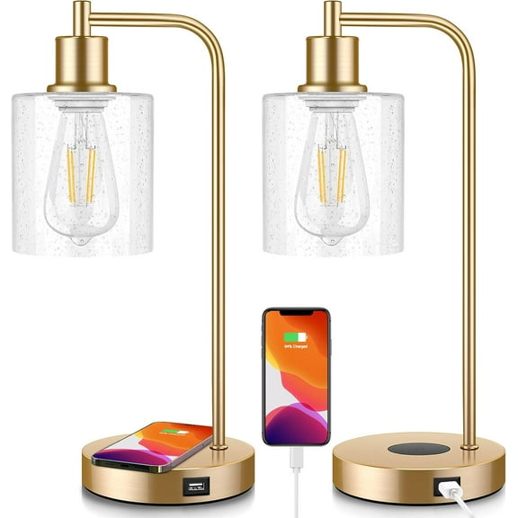 Set of 2 Wireless Charging Industrial Table Lamp, Gold
