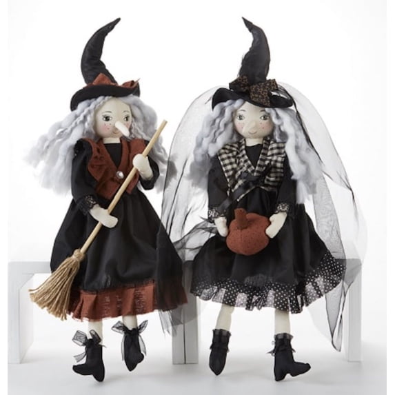 Set of 2 Witch Doll with Broom Pumpkin Shelf Sitter Halloween