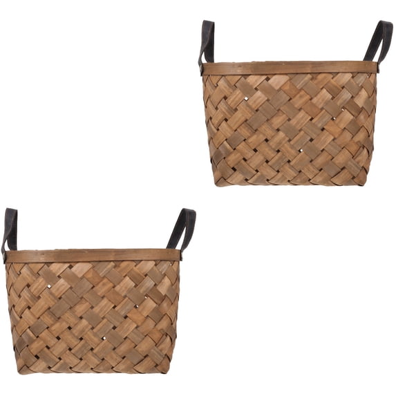 Set of 2 Wood Chip Woven Basket Rectangle Storage Brown