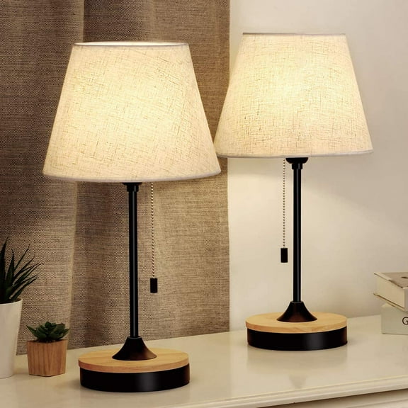 Set of 2, Wood Desk Lamps with Neutral Shade & Soft, Elegant Black Bedside Lamps, Ambient Lamp