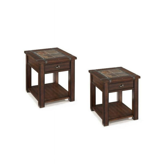 (Set of 2) Wood End Table in Cherry and Slate
