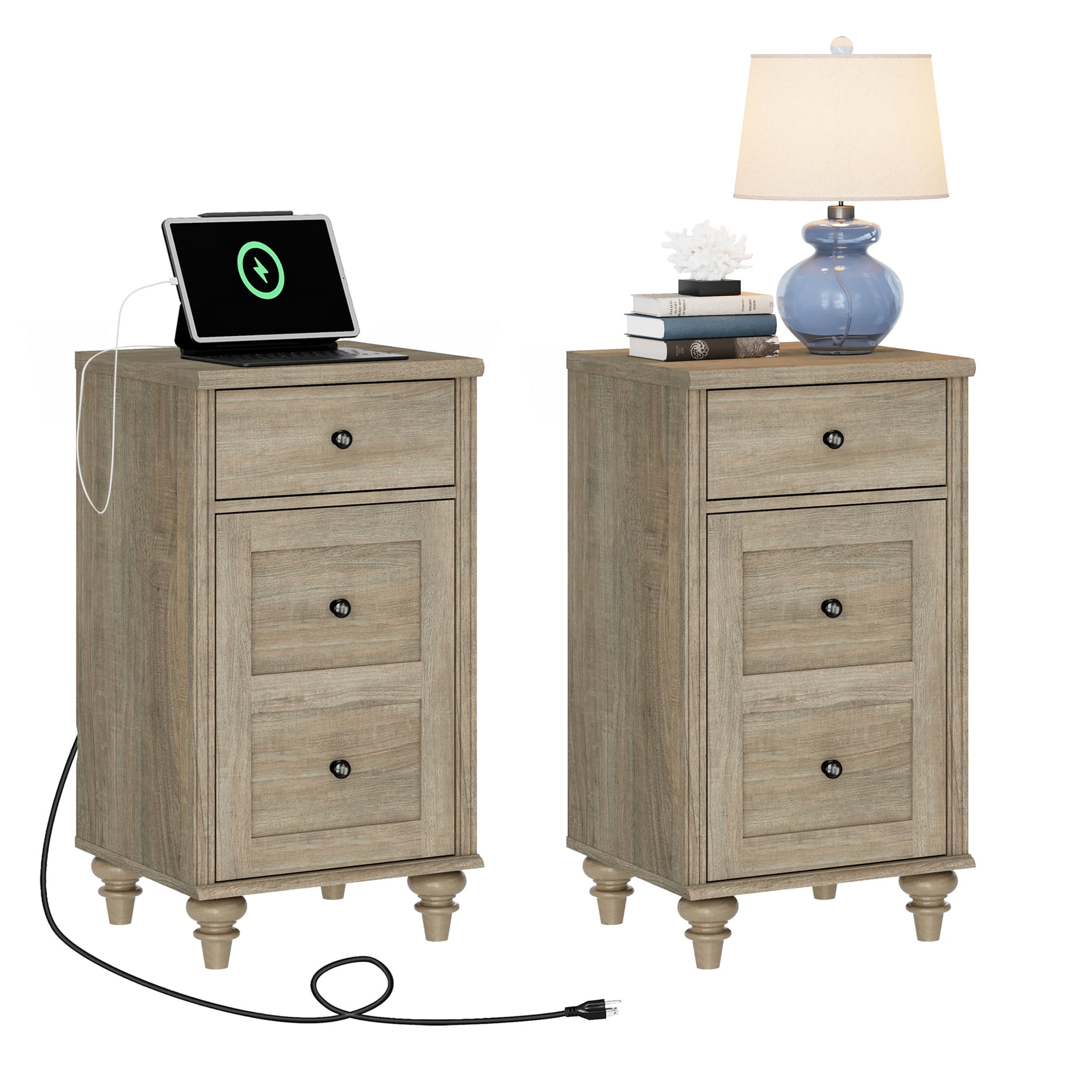 Set of 2 End Tables with Charging Station, Wood Nightstands with Drawer & Storage Cabinet, Modern Farmhouse Side Tables for Living Room & Bedroom, Wash Grey